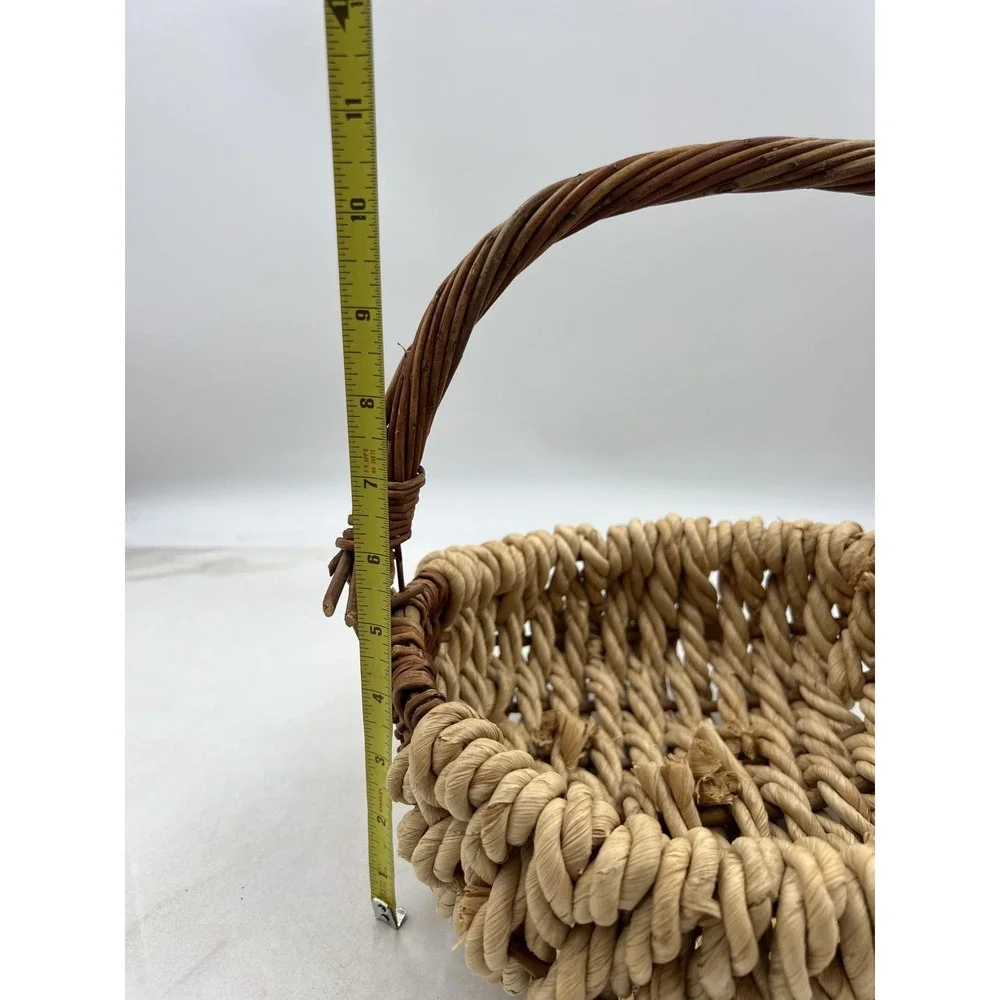 Rustic Woven Wicker and Rope Basket with Handle Natural Fiber Farmhouse Decor